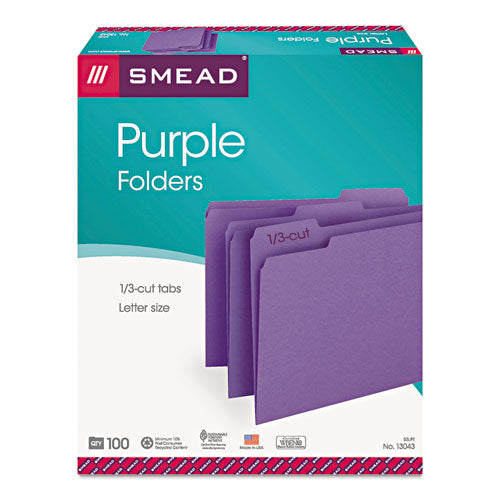 Colored File Folders, 1/3-Cut Tabs: Assorted, Letter Size, 0.75" Expansion, Purple, 100/Box-(SMD13043)