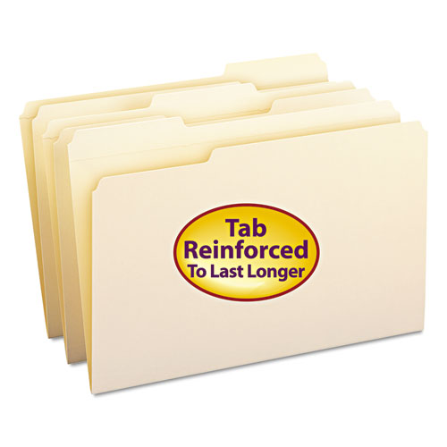 Reinforced Tab Manila File Folders, 1/3-Cut Tabs: Assorted, Legal Size, 0.75" Expansion, 11-pt Manila, 100/Box-(SMD15334)