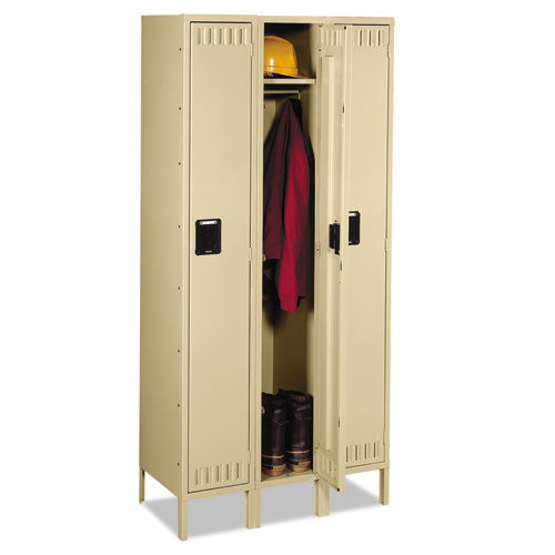 Single-Tier Locker with Legs, Three Lockers with Hat Shelves and Coat Rods, 36w x 18d x 78h, Sand-(TNNSTS1218723SD)