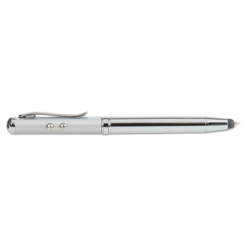 4-in-1 Laser Pointer with Stylus, Pen, LED Light, Class 2, Projects 984 ft, Silver-(QRT85523)