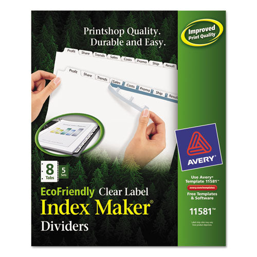 Index Maker EcoFriendly Print and Apply Clear Label Dividers with White Tabs, 8-Tab, 11 x 8.5, White, 5 Sets-(AVE11581)
