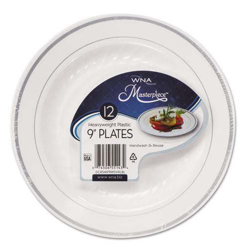 Masterpiece Plastic Dinnerware, 9" dia, White/Silver, 10/Pack-(WNARSM91210WSPK)