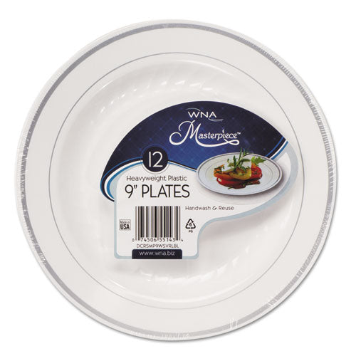 Masterpiece Plastic Plates, 9" dia, White/Silver, 10/Pack, 12 Packs/Carton-(WNARSM91210WS)
