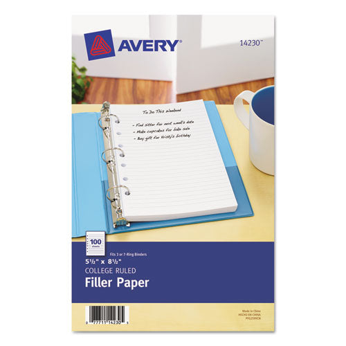 Mini Size Binder Filler Paper, 7-Hole Side Punched, 5.5 x 8.5, College Rule, 100/Pack-(AVE14230)