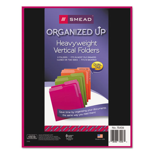 Organized Up Heavyweight Vertical File Folders, 1/2-Cut Tabs, Letter Size, Assorted: Fuchsia/Orange/Peridot Green, 6/Pack-(SMD75406)