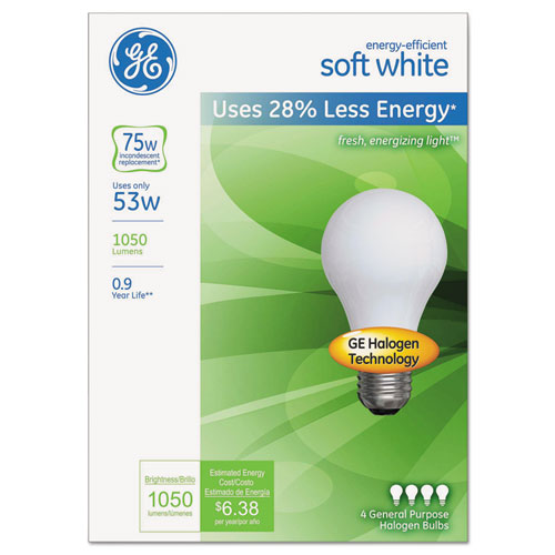 Energy-Efficient A19 Halogen Bulb, Soft White 53 W, 4/Pack-(GEL66248)