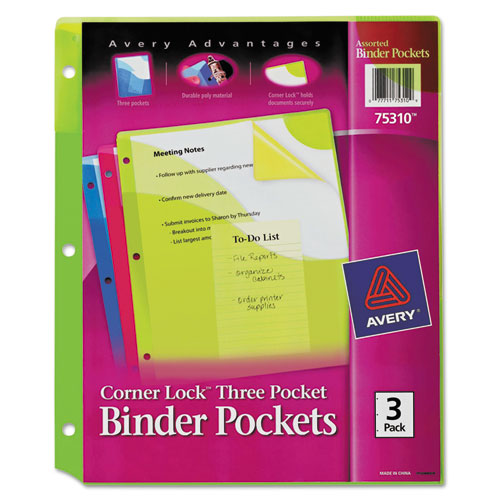 Corner Lock Three-Pocket Binder Pocket, 9.25 x 11.25, Assorted Color, 3/Pack-(AVE75310)
