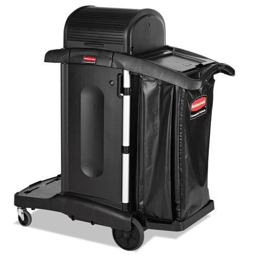 Executive High Security Janitorial Cleaning Cart, Plastic, 4 Shelves, 1 Bin, 23.1" x 39.6" x 27.5", Black-(RCP1861427)