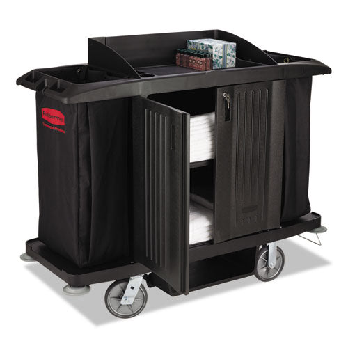 Full-Size Housekeeping Cart with Doors, Plastic, 3 Shelves, 2 Bins, 22" x 60" x 50", Black-(RCP6191BLA)