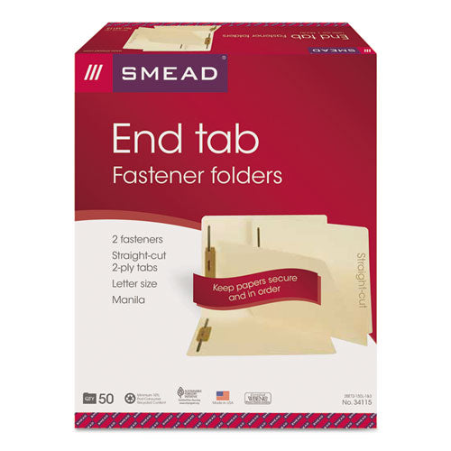 End Tab Fastener Folders with Reinforced Straight Tabs, 11-pt Manila, 2 Fasteners, Letter Size, Manila Exterior, 50/Box-(SMD34115)