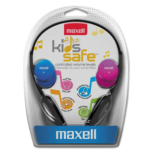 Kids Safe Headphones, 4 ft Cord, Black with Interchangeable Pink/Blue/Silver Caps-(MAX190338)