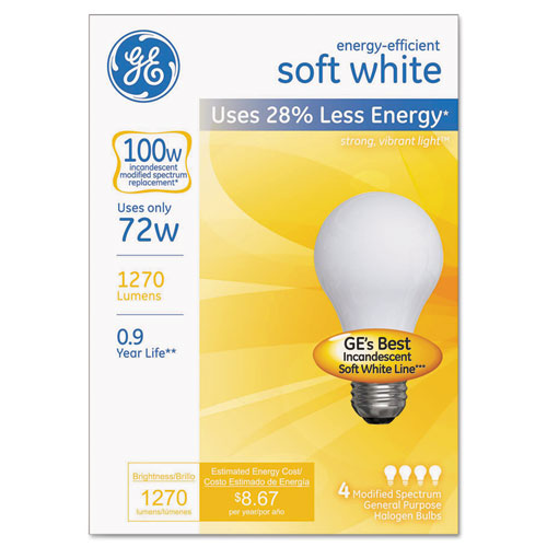 Halogen Bulb, A19, 72 W, Soft White, 4/Pack-(GEL66249)