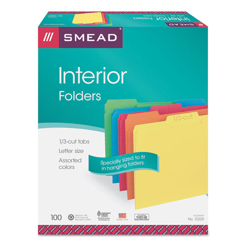 Interior File Folders, 1/3-Cut Tabs: Assorted, Letter Size, 0.75" Expansion, Assorted Colors, 100/Box-(SMD10229)