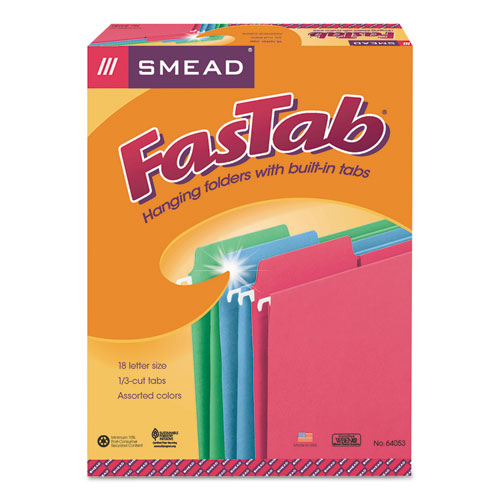 FasTab Hanging Folders, Letter Size, 1/3-Cut Tabs, Assorted Colors, 18/Box-(SMD64053)