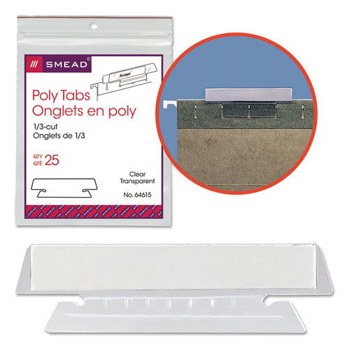 Poly Index Tabs and Inserts For Hanging File Folders, 1/3-Cut, White/Clear, 3.5" Wide, 25/Pack-(SMD64615)