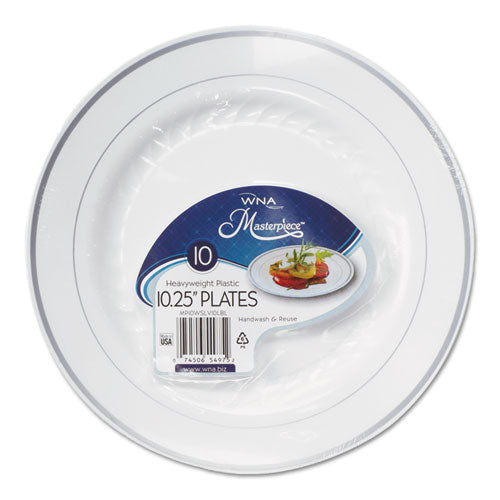 Masterpiece Plastic Plates, 10.25" dia, White with Silver Accents, Round, 10/Pack, 12 Packs/Carton-(WNARSM101210WS)