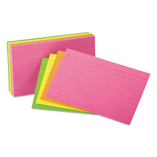 Ruled Neon Glow Index Cards, 5 x 8, Assorted, 100/Pack-(UNV47257)