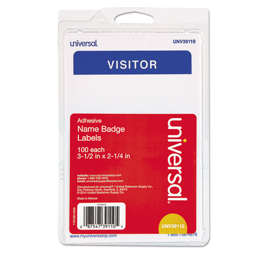 "Visitor" Self-Adhesive Name Badges, 3 1/2 x 2 1/4, White/Blue, 100/Pack-(UNV39110)
