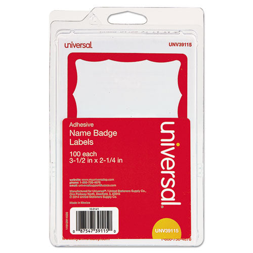 Border-Style Self-Adhesive Name Badges, 3 1/2 x 2 1/4, White/Red, 100/Pack-(UNV39115)