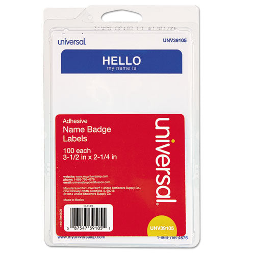 "Hello" Self-Adhesive Name Badges, 3 1/2 x 2 1/4, White/Blue, 100/Pack-(UNV39105)