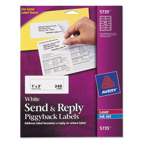 Send and Reply Piggyback Labels, Inkjet/Laser Printers, 1.63 x 4, White, 12/Sheet, 20 Sheets/Pack-(AVE5735)