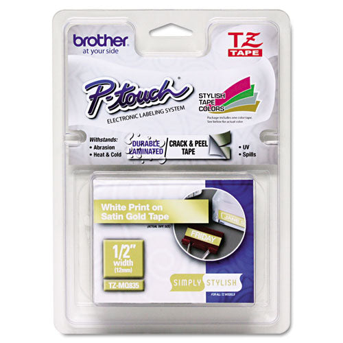 TZ Standard Adhesive Laminated Labeling Tape, 0.47" x 16.4 ft, White/Satin Gold-(BRTTZEMQ835)
