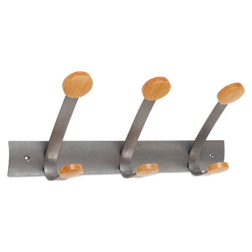 Wooden Coat Hook, Three Wood Peg Wall Rack, Brown/Silver, 45 lb Capacity-(ABAPMV3)