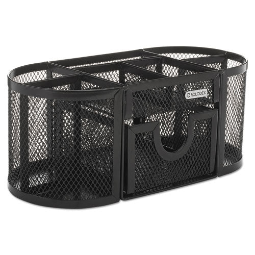 Mesh Oval Pencil Cup Organizer, 4 Compartments, Steel, 9.38 x 4.5 x 4, Black-(ROL1746466)