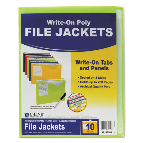 Write-On Poly File Jackets, Straight Tab, Letter Size, Assorted Colors, 10/Pack-(CLI63160)