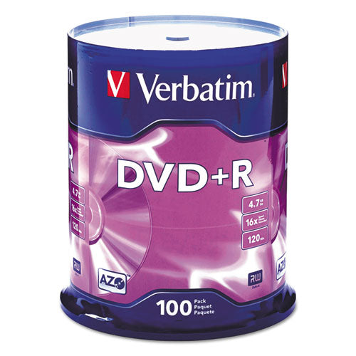 DVD+R Recordable Disc, 4.7 GB, 16x, Spindle, Silver, 100/Pack-(VER95098)