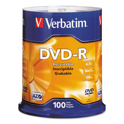 DVD-R Recordable Disc, 4.7 GB, 16x, Spindle, Silver, 100/Pack-(VER95102)