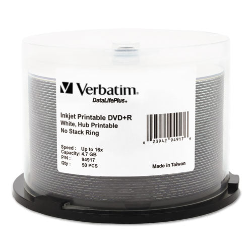DVD+R Recordable Disc, 4.7 GB, 16x, Spindle, Hub Printable, White, 50/Pack-(VER94917)