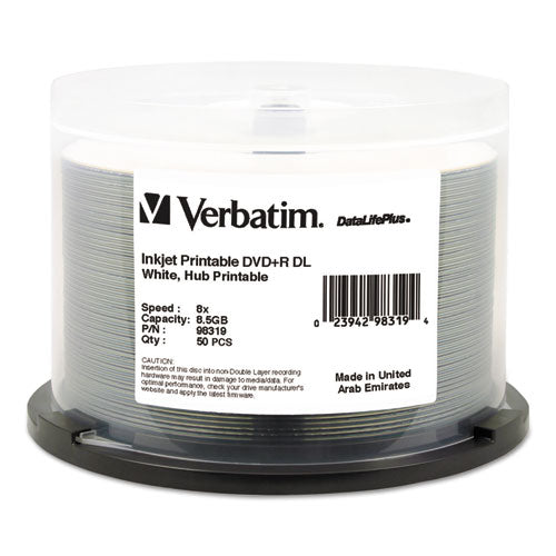 DVD+R Dual Layer Printable Recordable Disc, 8.5 GB, 8x, Spindle, White, 50/Pack-(VER98319)