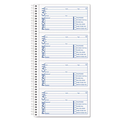 Spiralbound Message Book, Two-Part Carbonless, 5 x 2.75, 4 Forms/Sheet, 200 Forms Total-(TOP4002)