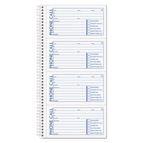 Spiralbound Message Book, Two-Part Carbonless, 5 x 2.75, 4 Forms/Sheet, 400 Forms Total-(TOP4003)