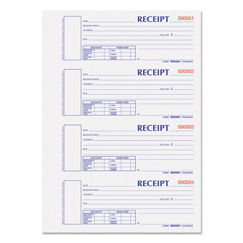 Durable Hardcover Numbered Money Receipt Book, Two-Part Carbonless, 6.88 x 2.75, 4 Forms/Sheet, 300 Forms Total-(REDS1654NCR)