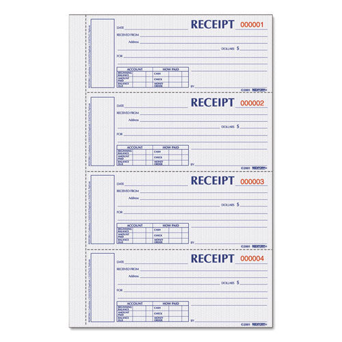 Durable Hardcover Numbered Money Receipt Book, Three-Part Carbonless, 6.88 x 2.75, 4 Forms/Sheet, 200 Forms Total-(REDS1657NCL)