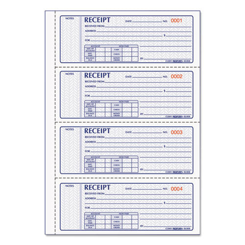 Money Receipt Book, FormGuard Cover, Three-Part Carbonless, 7 x 2.75, 4 Forms/Sheet, 100 Forms Total-(RED8L808R)