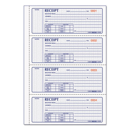 Money Receipt Book, Softcover, Three-Part Carbonless, 7 x 2.75, 4 Forms/Sheet, 100 Forms Total-(RED8L808)