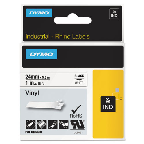 Rhino Permanent Vinyl Industrial Label Tape, 1" x 18 ft, White/Black Print-(DYM1805430)