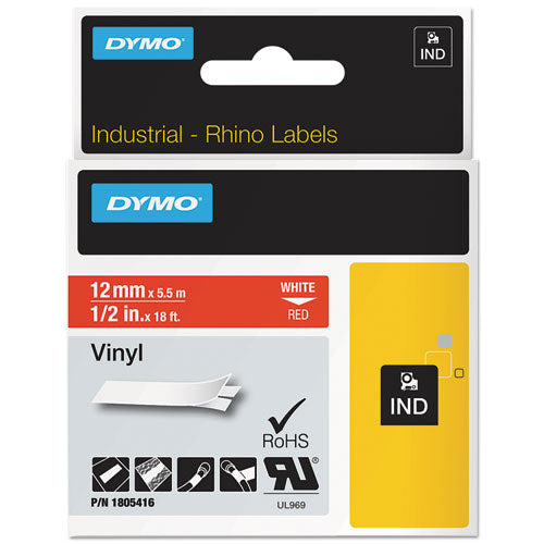 Rhino Permanent Vinyl Industrial Label Tape, 0.5" x 18 ft, Red/White Print-(DYM1805416)