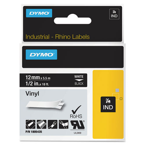 Rhino Permanent Vinyl Industrial Label Tape, 0.5" x 18 ft, Black/White Print-(DYM1805435)
