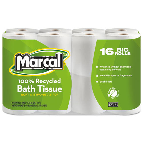 100% Recycled 2-Ply Bath Tissue, Septic Safe, White, 168 Sheets/Roll, 16 Rolls/Pack-(MRC1646616PK)