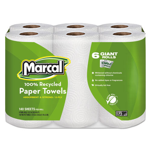 100% Premium Recycled Kitchen Roll Towels, 2-Ply, 11 x 5.5, White, 140/Roll, 6 Rolls/Pack-(MRC6181PK)