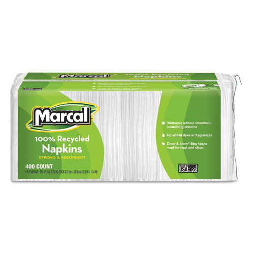 100% Recycled Lunch Napkins, 1-Ply, 11.4 x 12.5, White, 400/Pack-(MRC6506PK)