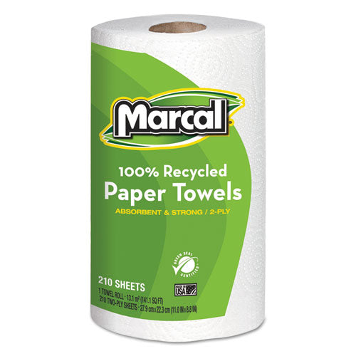 100% Premium Recycled Kitchen Roll Towels, 2-Ply, 11 x 8.8, White, 210 Sheets, 12 Rolls/Carton-(MRC6210)