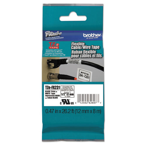 TZe Flexible Tape Cartridge for P-Touch Labelers, 0.47" x 26.2 ft, Black on White-(BRTTZEFX231CS)