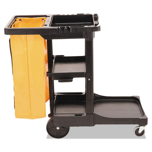 Multi-Shelf Cleaning Cart, Plastic, 4 Shelves, 1 Bin, 20" x 45" x 38.25", Black-(RCP617388BK)