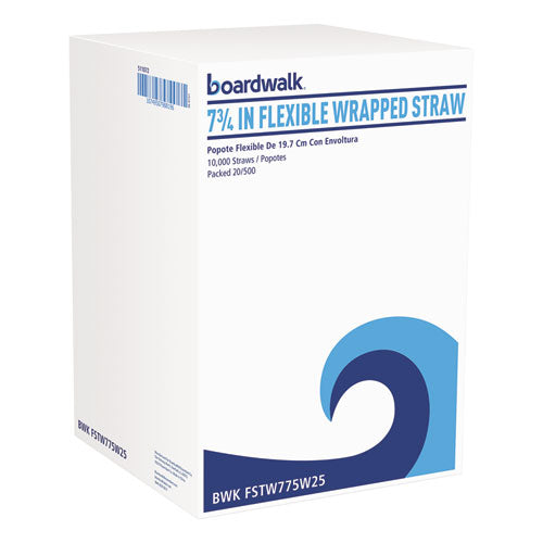 Flexible Wrapped Straws, 7.75", Plastic, White, 500/Pack, 20 Packs/Carton-(BWKFSTW775W25)