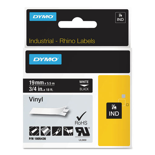 Rhino Permanent Vinyl Industrial Label Tape, 0.75" x 18 ft, Black/White Print-(DYM1805436)